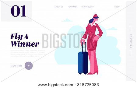 Air Hostess Website Landing Page. Stewardess Flight Attendant Girl In Red Uniform Holding Suitcase P