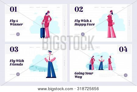 Airline Team Website Landing Page Set. Aviation Aircrew Characters Pilot And Stewardesses In Airport