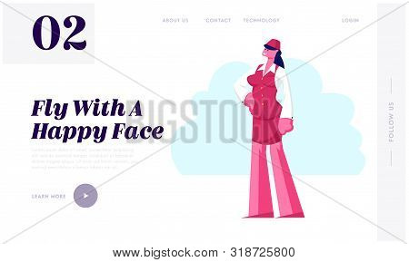 Stewardess Flight Attendant Staff Website Landing Page. Air Hostess Girl In Red Uniform And Cap Depa