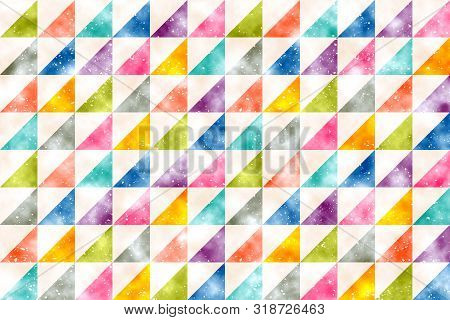 Retro Colorful Pattern With Grunge Abstract Watercolor Triangles. Vintage Texture In Watercolor Styl