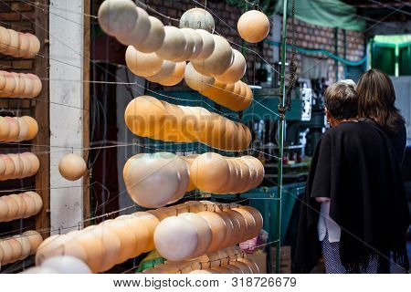 Mongui, Colombia - August, 2019: Traditional Factory Of Soccer Balls At The Beautiful Small Town Of 