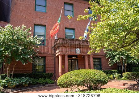 Washington, Dc - August 8, 2019: The Embassy Of Portugul Showing The Entrance Sign And Flags Along E