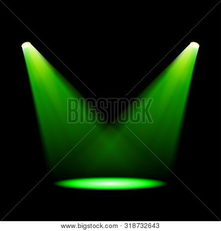 Glowing Green Spotlights. Pair Of Illumination Stage Lights. Vector Illustration For Your Graphic De