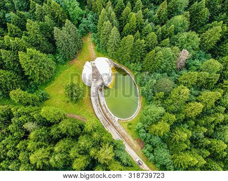 Bojiste, Bosnia And Herzegovina - July 15, 2019. Concrete Monument Spomenik Na Korcanici In Grmec Mo