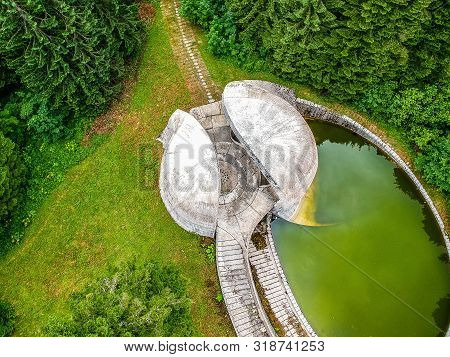 Bojiste, Bosnia And Herzegovina - July 15, 2019. Concrete Monument Spomenik Na Korcanici In Grmec Mo