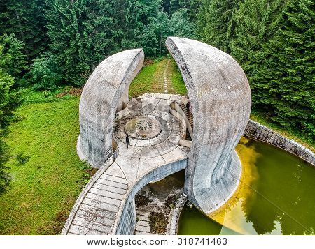 Bojiste, Bosnia And Herzegovina - July 15, 2019. Concrete Monument Spomenik Na Korcanici In Grmec Mo