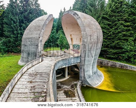 Bojiste, Bosnia And Herzegovina - July 15, 2019. Concrete Monument Spomenik Na Korcanici In Grmec Mo