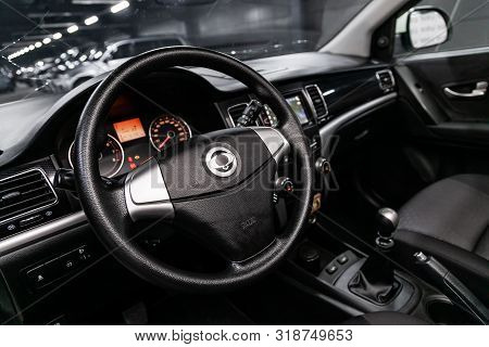 Novosibirsk, Russia - August 01, 2019:   Ssangyong
Actyon, Close-up Of The Dashboard, Speedometer, T