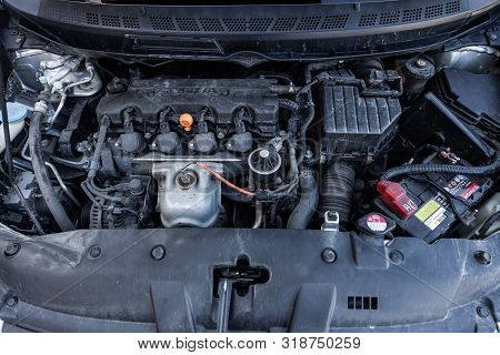 Novosibirsk, Russia - July 07, 2019:   Honda Civic, Close-up Of The Engine, Front View. Internal Com