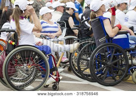 Belarus, The City Of Gimel, July 03, 2019. Youth Festival.marathon Disabled. People In Wheelchairs O