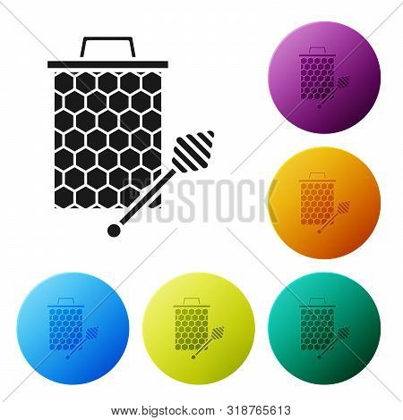 Black Honeycomb With Honey Dipper Stickicon Isolated On White Background. Honey Ladle. Honey Cells S
