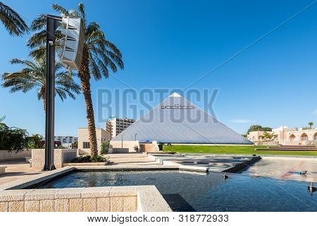 Eilat, Israel - November 7, 2017:   Blue Pyramide Behind Eilat Museum 