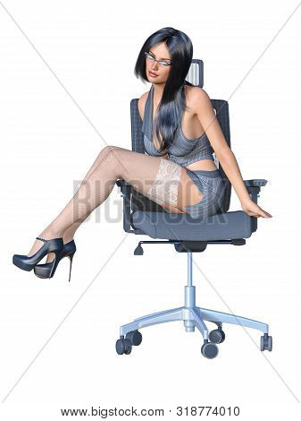 Long-haired Sexy Brunette Secretary Uniform White Stocking.short Mini Skirt Striped Jacket.beautiful