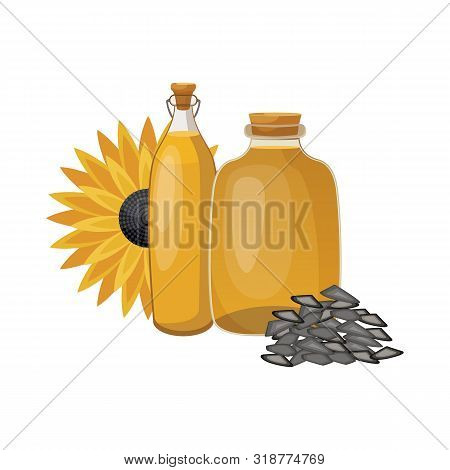 Sunflower Oil In A Glass Bottle. Vegetables, Virgin Organic Healthy Oil Product. Bottle Of Sunflower