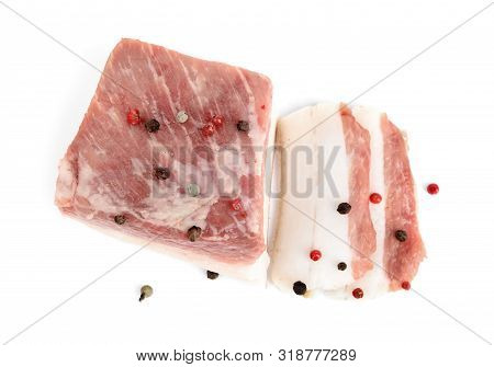 Cut Pork Fatback With Pepper Isolated On White, Top View