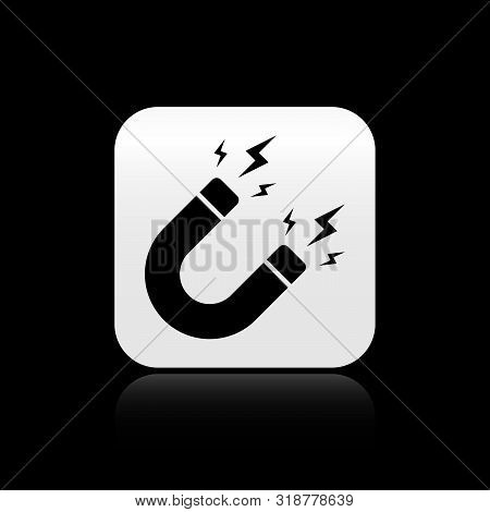 Black Magnet With Lightning Icon Isolated On Black Background. Horseshoe Magnet, Magnetism, Magnetiz