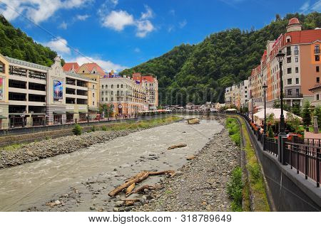 Sochi, Russia - July 2, 2019: Rosa Khutor Hotesl And Shops Of Alpine Ski Resort In Summer Day. Krasn