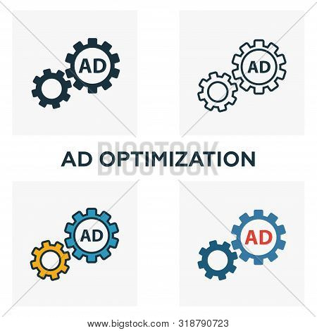 Ad Optimization Icon Set. Four Elements In Diferent Styles From Advertising Icons Collection. Creati