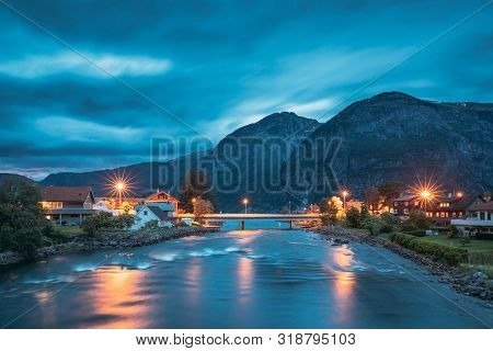 Eidfjord, Hordaland County, Hardanger Region, Hardangerfjord, Norway. Scenic View Of Eio River In Su