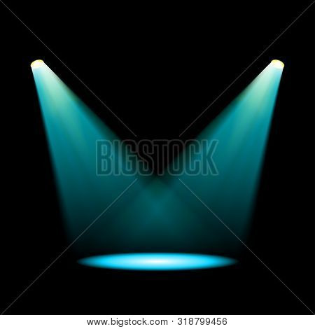 Glowing Blue Spotlights. Pair Of Illumination Stage Lights. Vector Illustration For Your Graphic Des