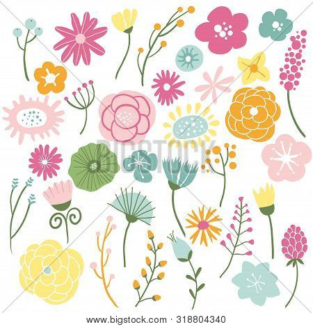 Blooming Wild Flowers. Hand Drawn Vector Botany Set. Vintage Spring And Summer Seasonal Decor Collec