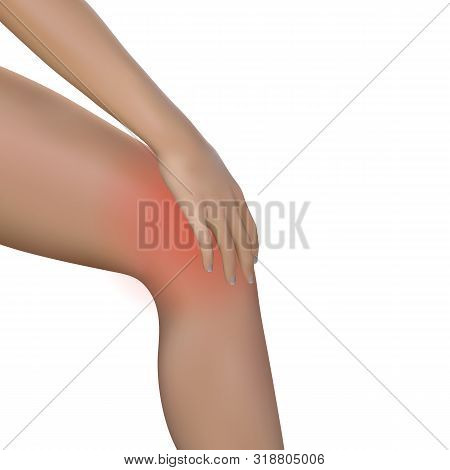 Young Woman Massaging Her Painful Knee. Young Girl Or Woman Holding Her Knee Because Of Severe Pain 