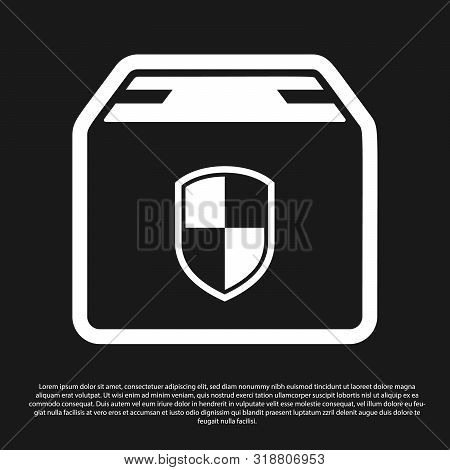 Black Delivery Pack Security Symbol With Shield Icon Isolated On Black Background. Delivery Insuranc