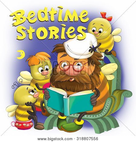 Colorful Illustration. Grandfather Bumblebee Reads Bedtime Stories To His Grandchildren. Top Inscrip