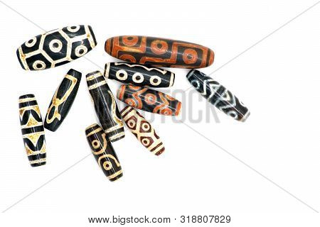 Necklace And Pendant Amulet Dzi Bead Tibet Style Isolated On White Background. Clipping Path