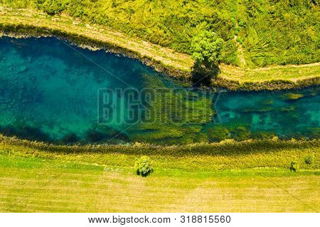 Beautiful Gacka River, Field Aerial Summer View, Lika Region Of Croatia