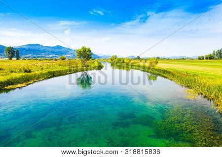 Beautiful Gacka River, Field Aerial Summer View, Lika Region Of Croatia