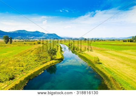 Beautiful Gacka River, Field Aerial Summer View, Lika Region Of Croatia