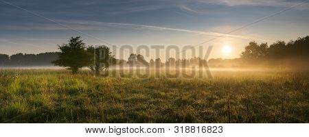 August 2019, Vlaardingen, The Netherlands Warm Summer Sunrise Over A Grassy Landscape