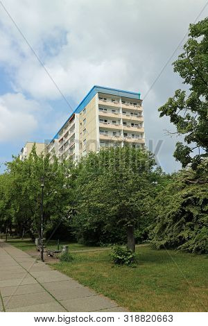 Typical Modernized Residential Buildings In Leipzig District Grünau With Blue Sky, Architecture From