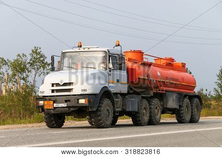 Novyy Urengoy, Russia - July 30, 2019: Semitrailer Cistern Truck Ural 44202 At The Interurban Road.