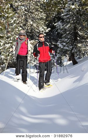 Couple skiing through the woods