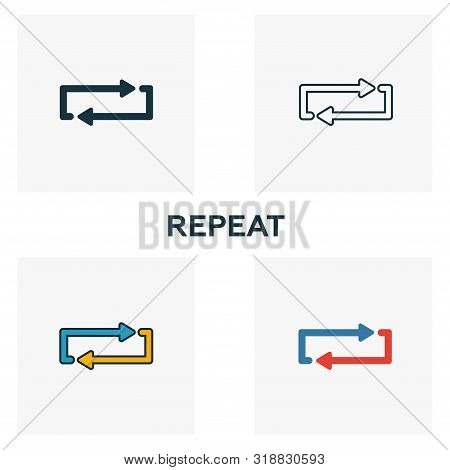 Repeat Icon Set. Four Elements In Diferent Styles From Audio Buttons Icons Collection. Creative Repe