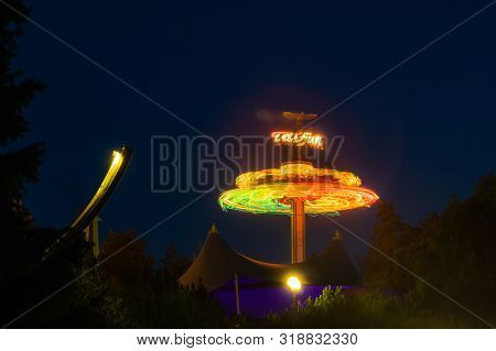 Kouvola, Finland - 24 August 2019: Rotating Ride Taifun In Amusement Park Tykkimaki.