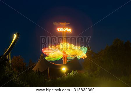 Kouvola, Finland - 24 August 2019: Rotating Ride Taifun In Amusement Park Tykkimaki.