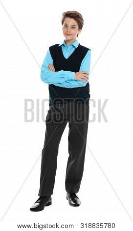 Happy Boy In School Uniform On White Background