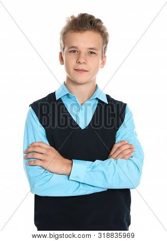 Happy Boy In School Uniform On White Background