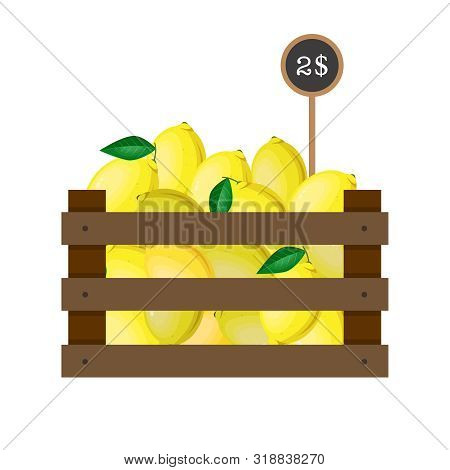 Lemons With Price Tag In Wooden Grate On White Background.