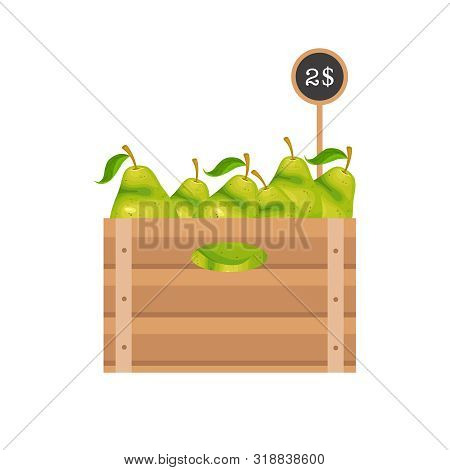 Pears With Price Tag In Wooden Grate On White Background.