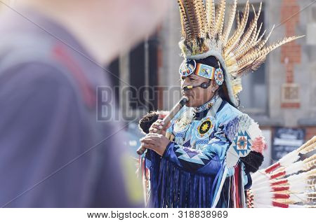 Whitby, North Yorkshire, England - Aug 24, 2019:,uk. Peruvian Busker Plays Pan Flute, Singing And Da