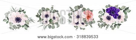Vector Set Of Anemone Flowers. Blue And White Anemones, Pink Roses, Eucalyptus,  Green Leaves And Pl