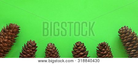 Green Background And Cones Below. Winter Holidays And Minimalistic Concept. Flat Lay, Top View, Copy