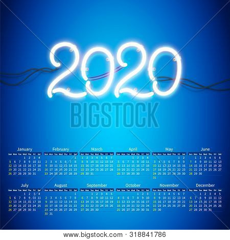 Glowing Neon Sign 2020 With Wires, Tubes And Brackets. Vector Element For New Year Card, Logo Or Oth
