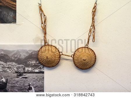 Camacha, Madeira, Portugal - April 19, 2018: Bra Made Of Wicker On Sale In A Factory Shop In Camacha