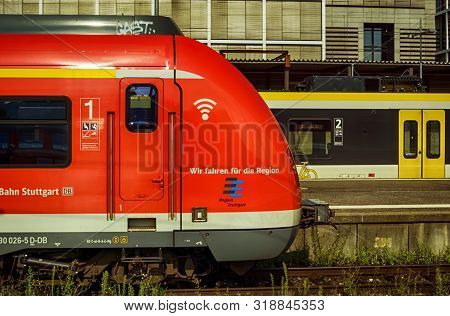 Stuttgart,germany - August 25,2019:main Station The Red Train Is A Subway Line,which Runs In The Stu