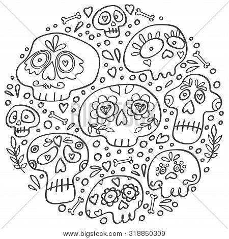 Mexican Dia De Los Muertos (day Of The Dead) Skull In Circle. Day Of Dead Holiday Skulls. Round Icon
